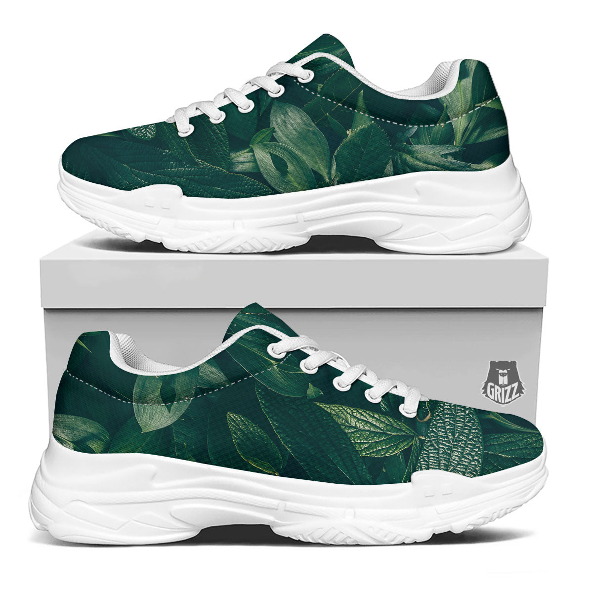 Green Natural Leaf Print White Chunky Shoes-grizzshop