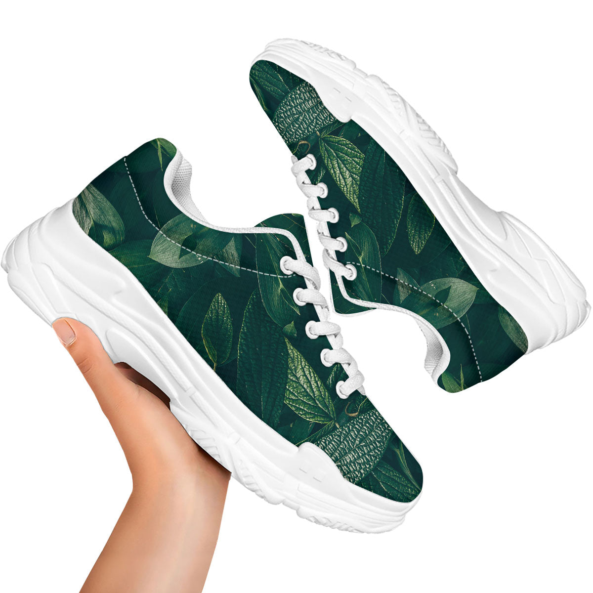 Green Natural Leaf Print White Chunky Shoes-grizzshop
