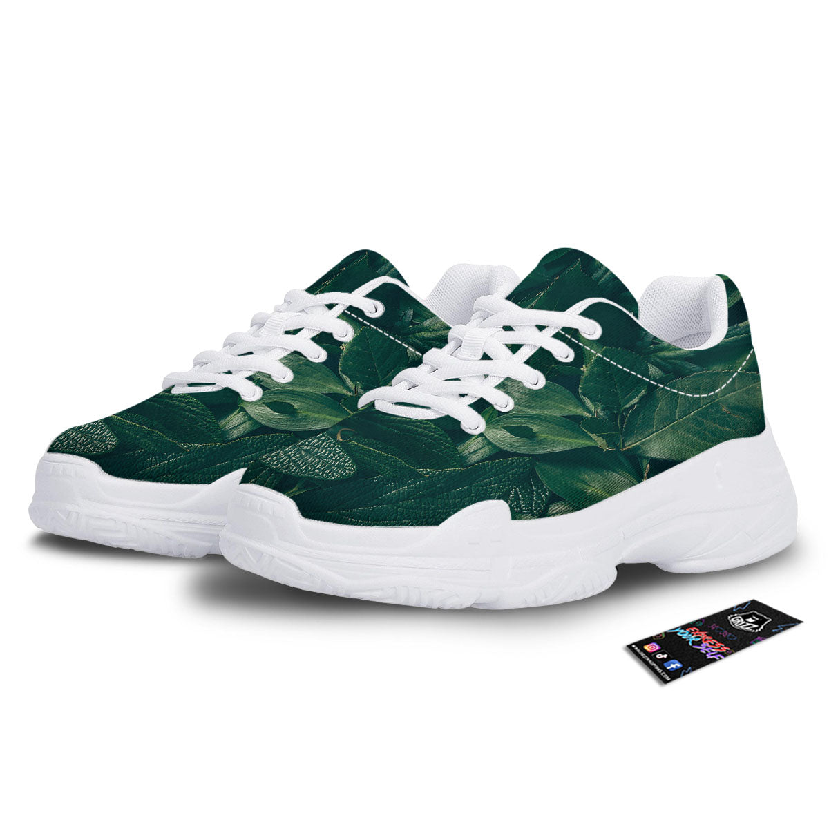 Green Natural Leaf Print White Chunky Shoes-grizzshop