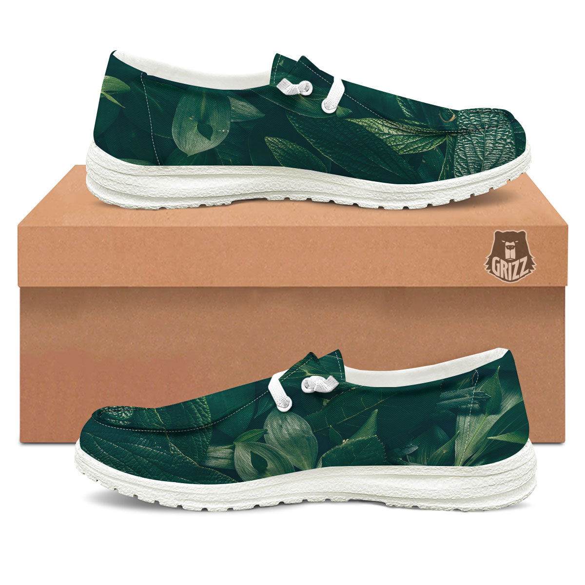 Green Natural Leaf Print White Loafers-grizzshop