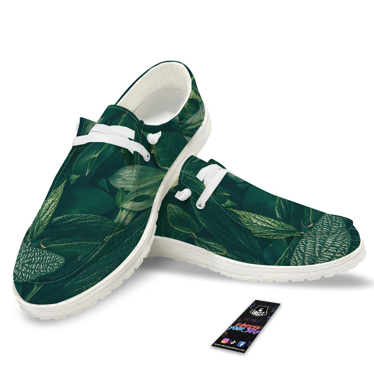 Green Natural Leaf Print White Loafers-grizzshop