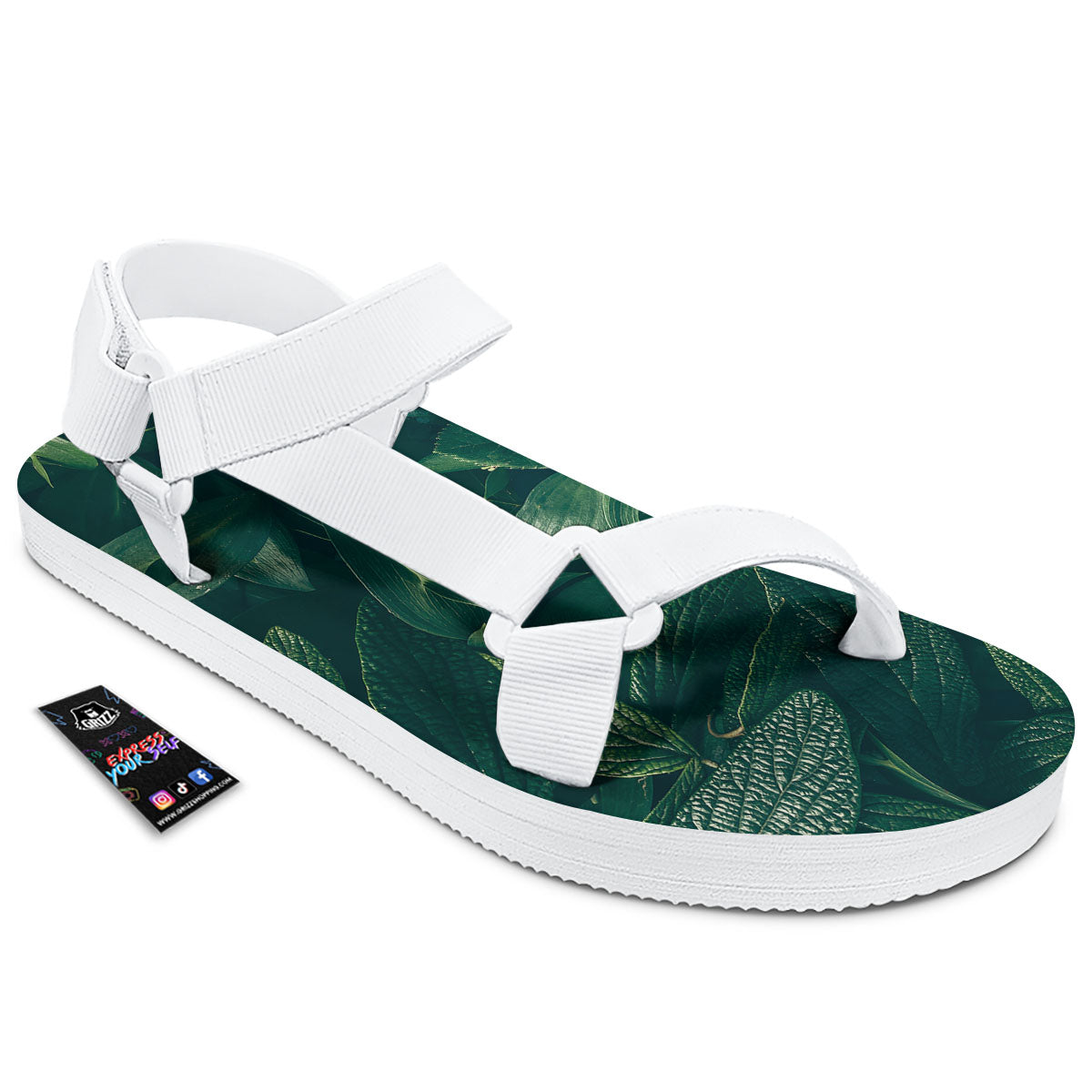 Green Natural Leaf Print White Open Toe Sandals-grizzshop