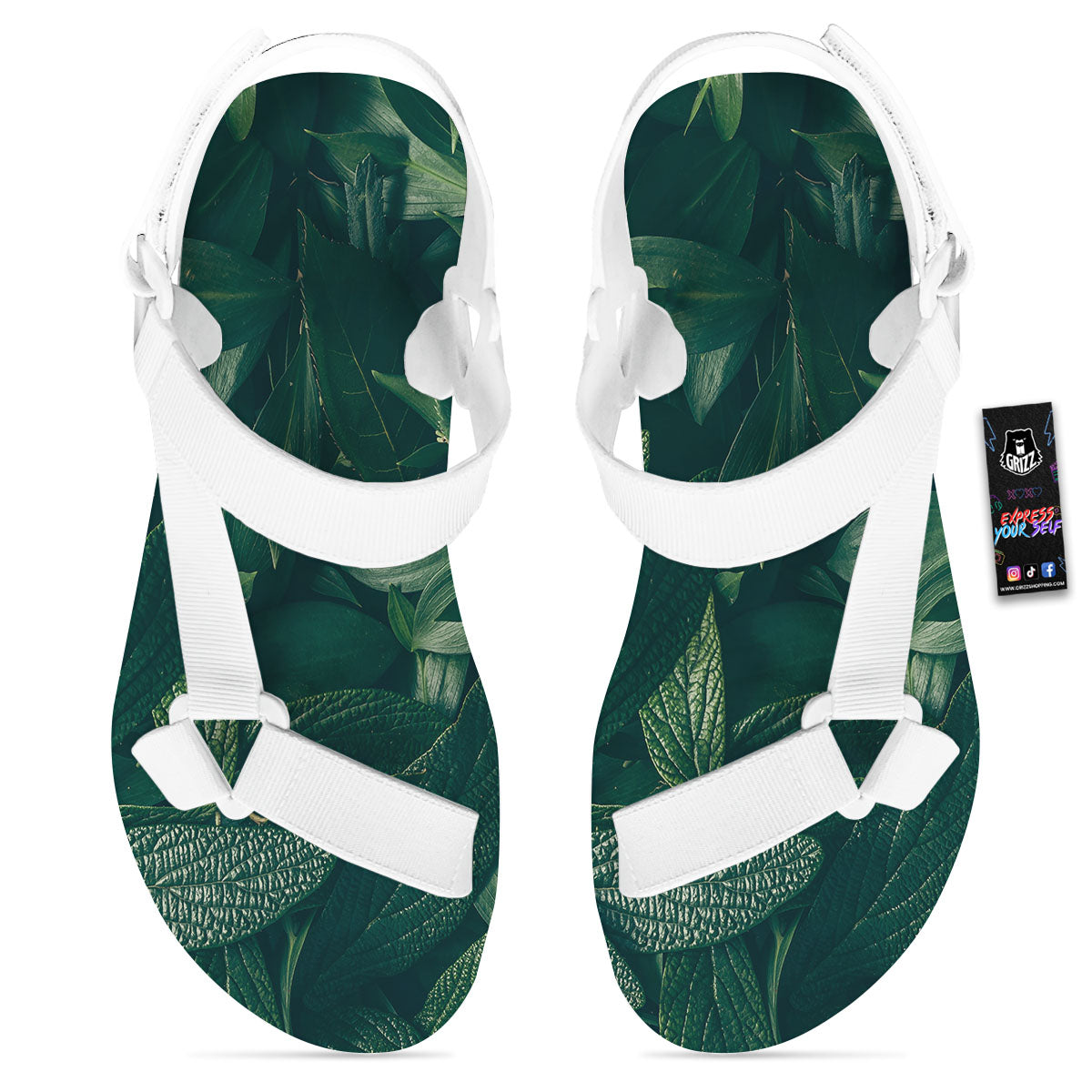 Green Natural Leaf Print White Open Toe Sandals-grizzshop