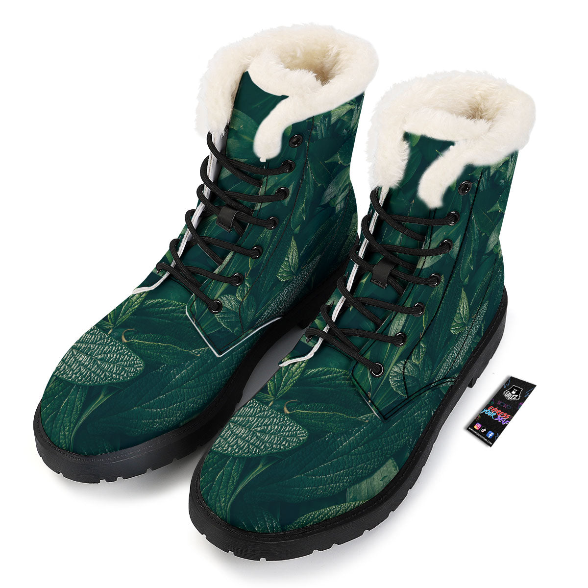 Green Natural Leaf Print Winter Boots-grizzshop