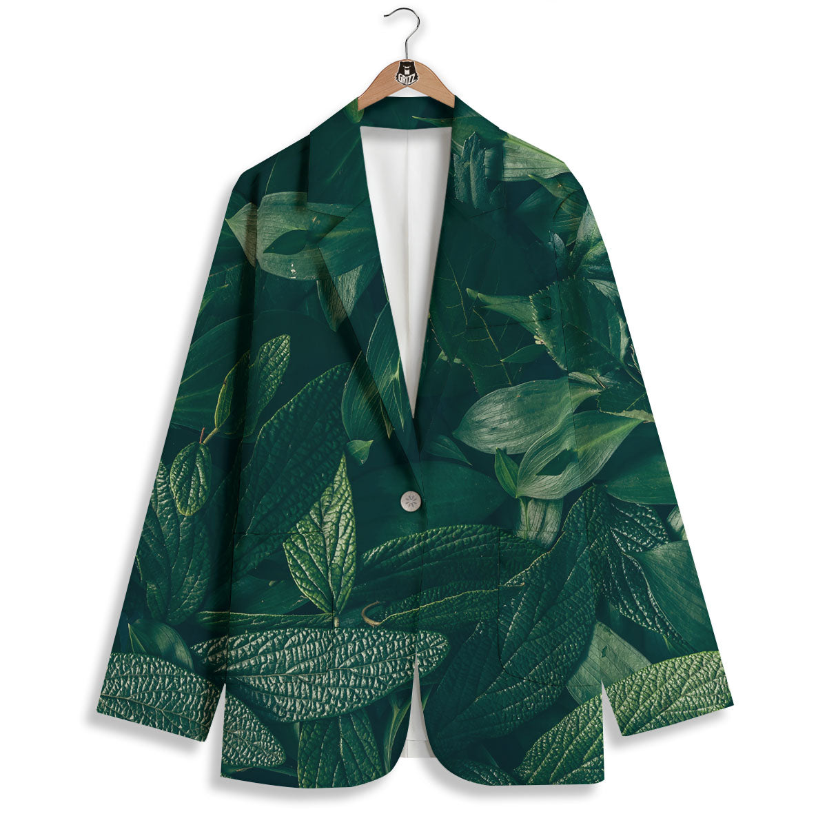 Green Natural Leaf Print Women's Blazer-grizzshop