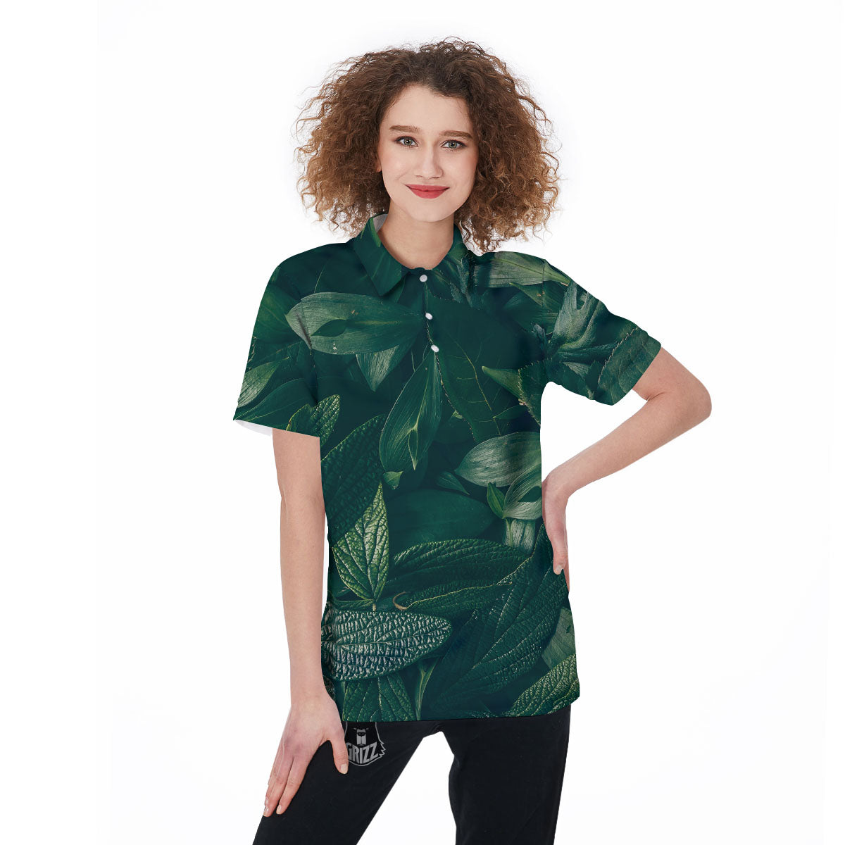 Green Natural Leaf Print Women's Golf Shirts-grizzshop