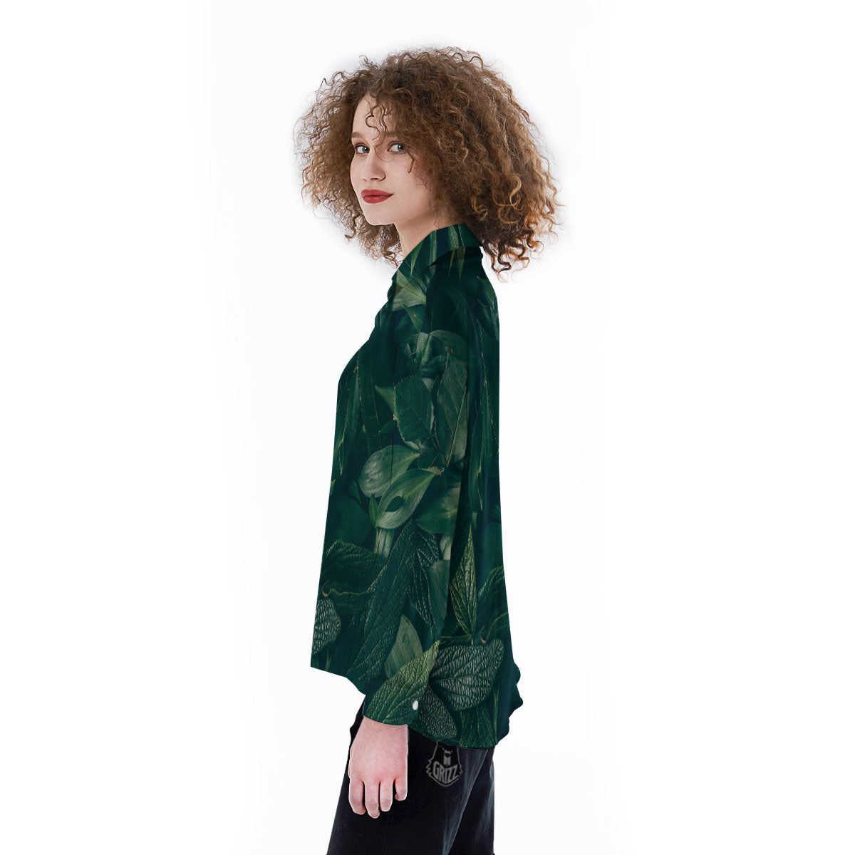 Green Natural Leaf Print Women's Long Sleeve Shirts-grizzshop