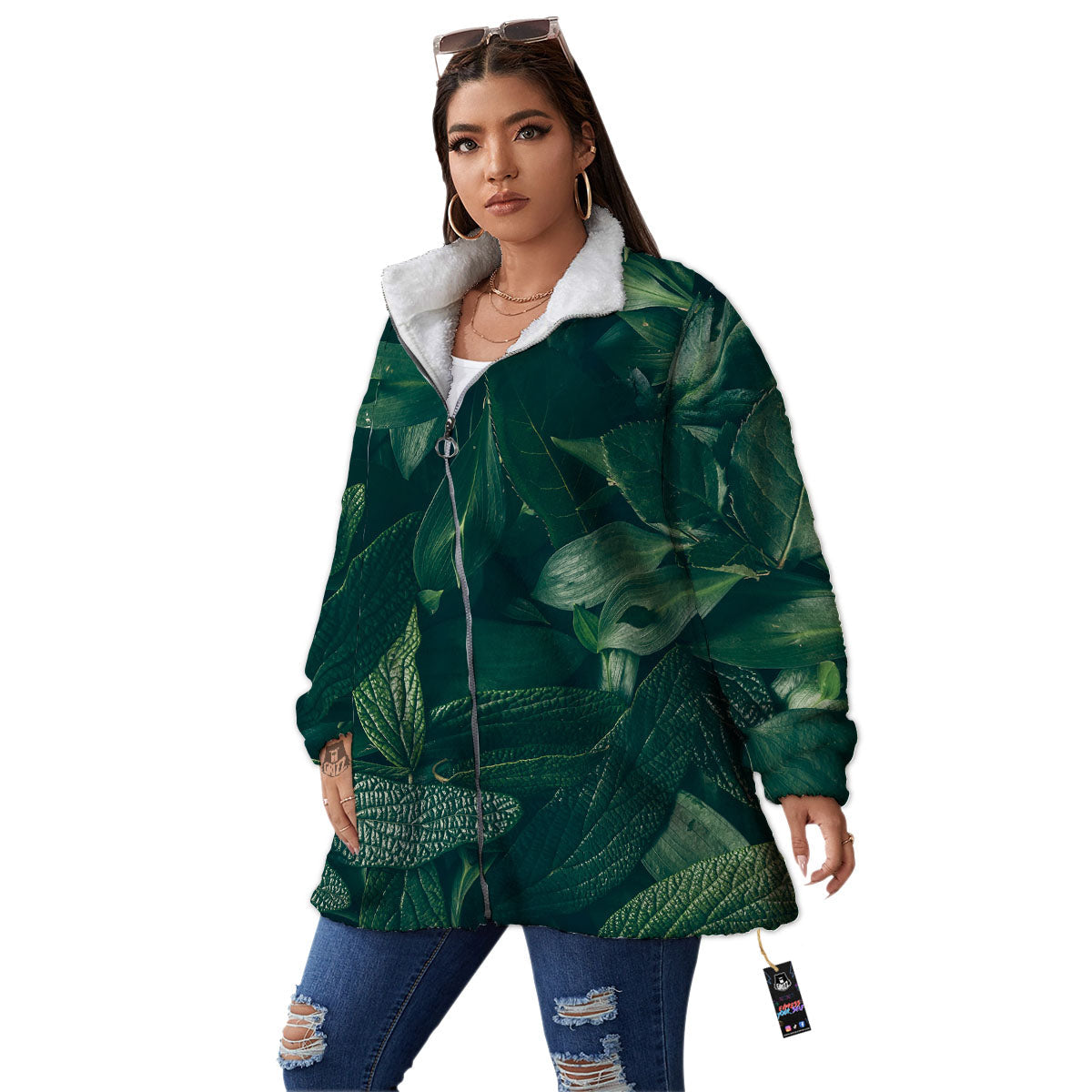 Green Natural Leaf Print Women's Sherpa Jacket-grizzshop