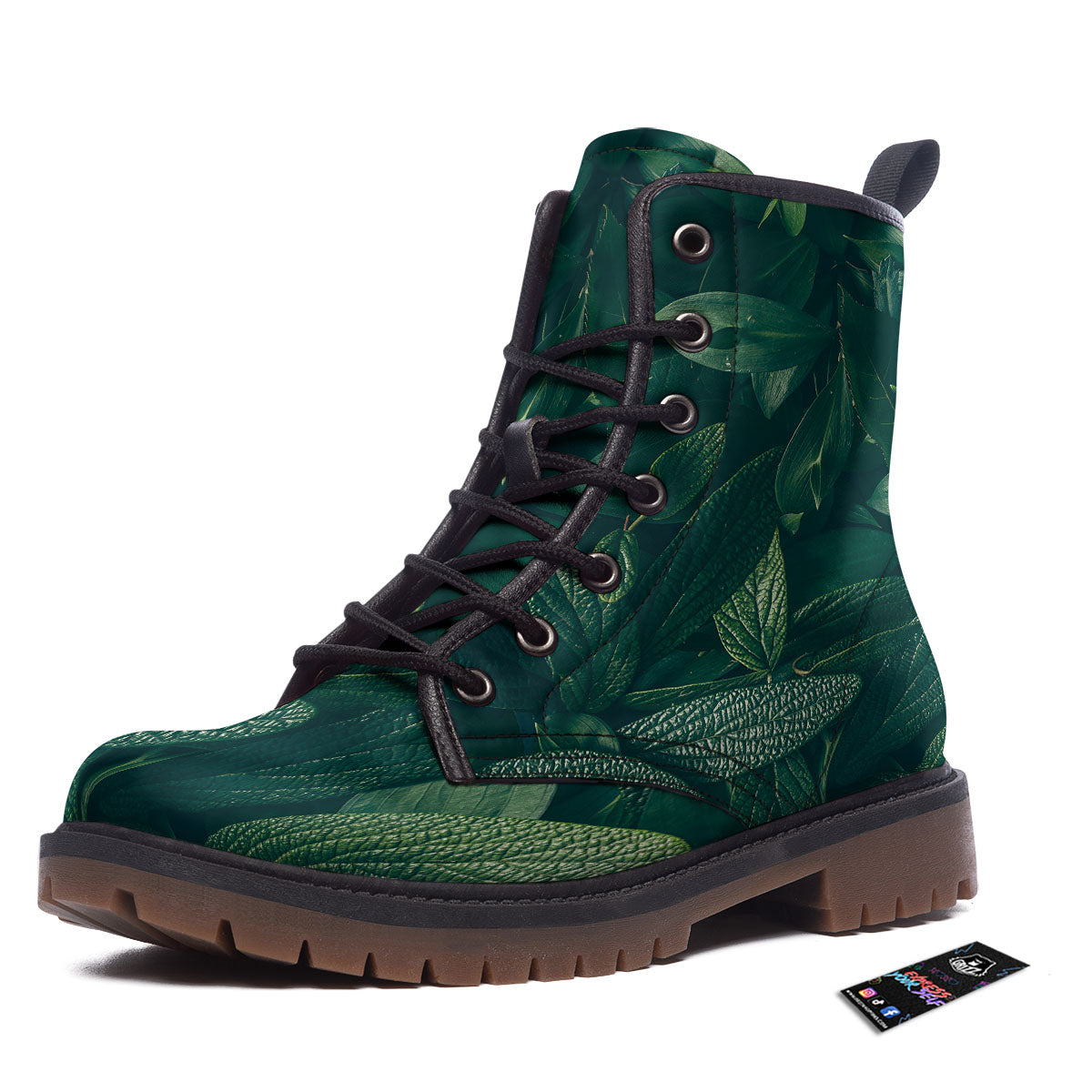 Green Natural Leaf Print Work Boots-grizzshop