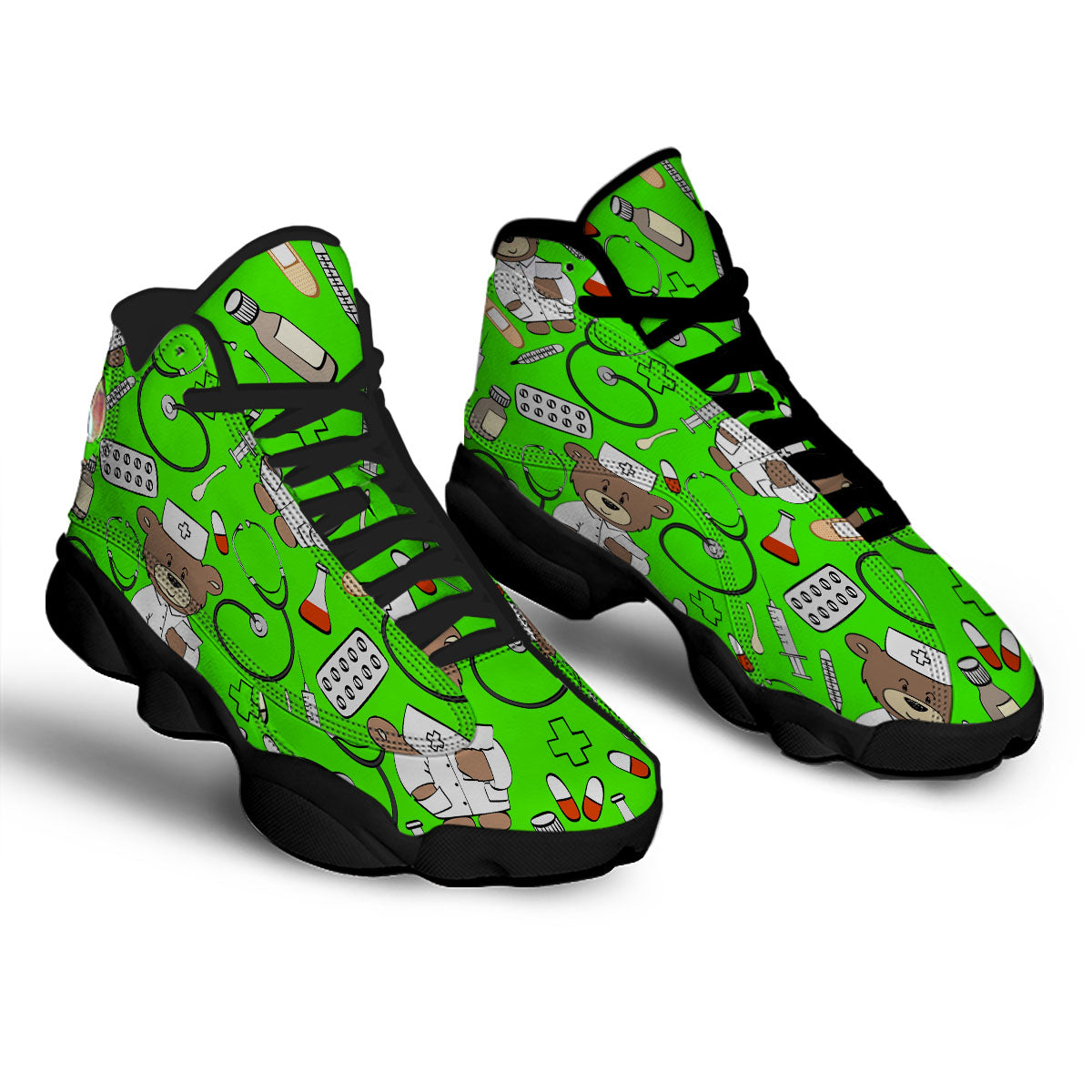 Green Neon Teddy Bear Nurse Black Basketball Shoes-grizzshop