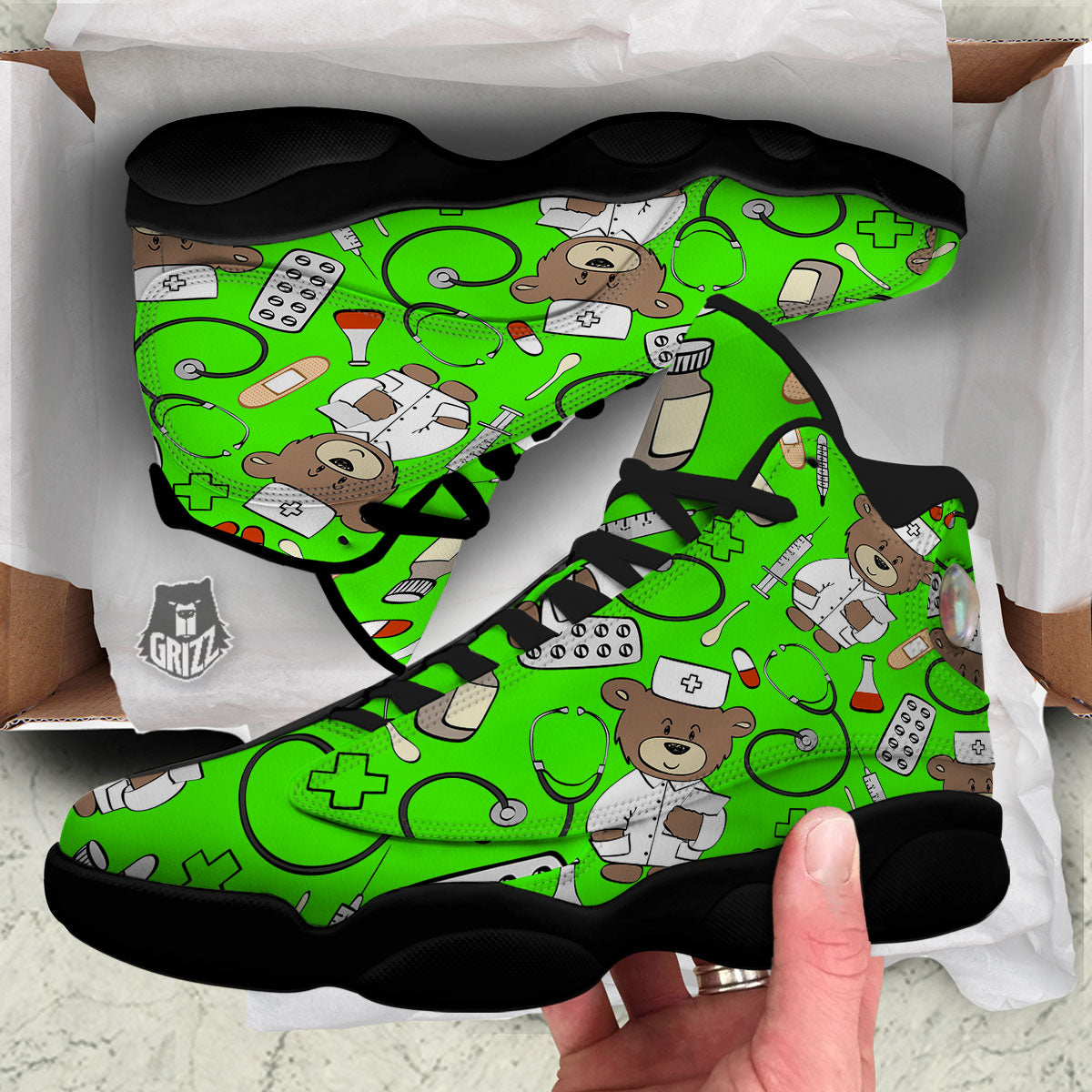 Green Neon Teddy Bear Nurse Black Basketball Shoes-grizzshop