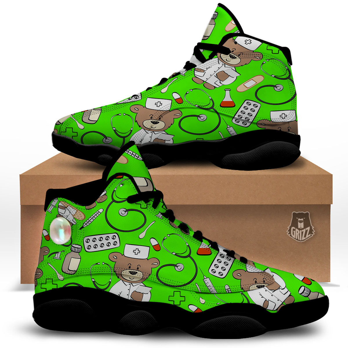 Green Neon Teddy Bear Nurse Black Basketball Shoes-grizzshop