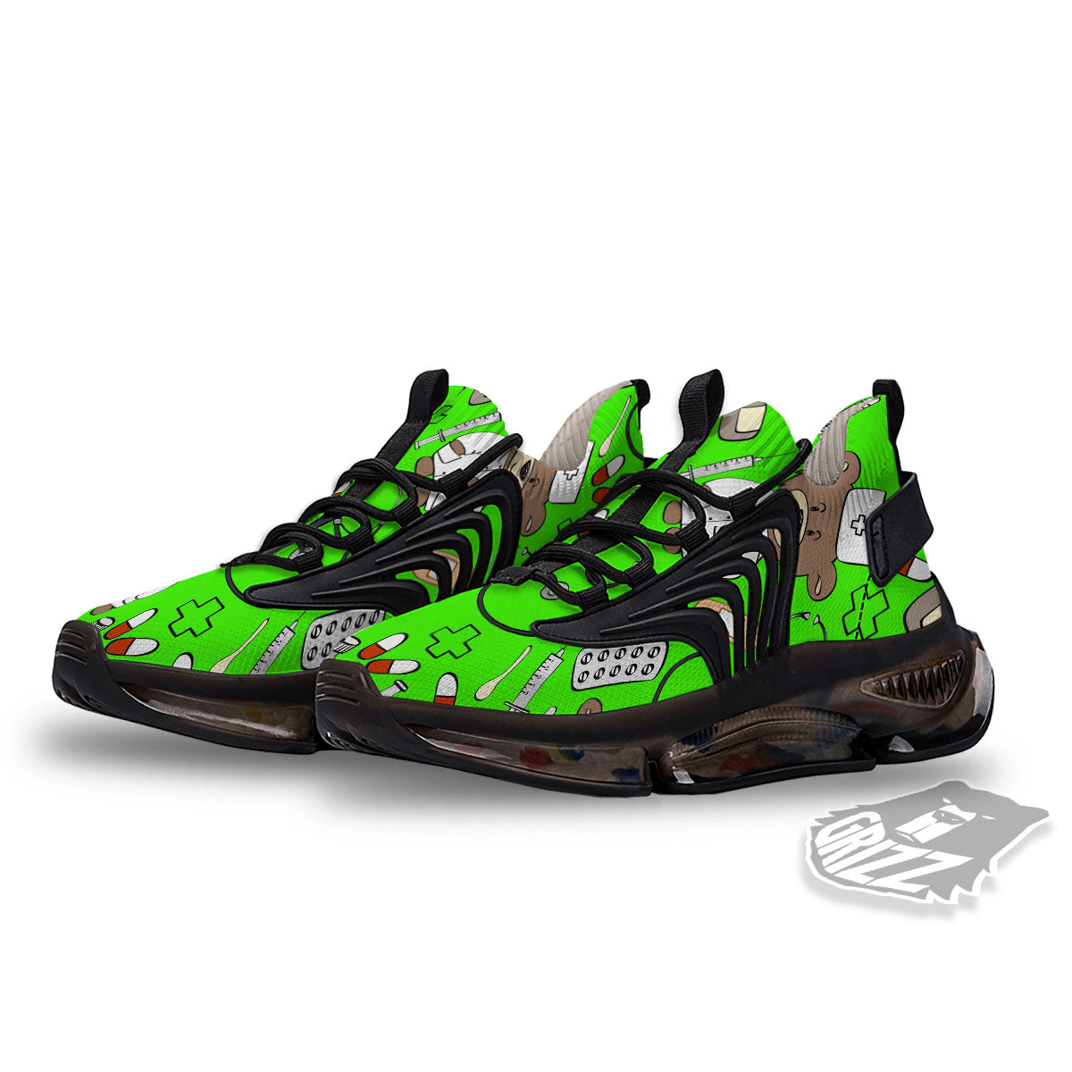 Green Neon Teddy Bear Nurse Black Gym Shoes-grizzshop