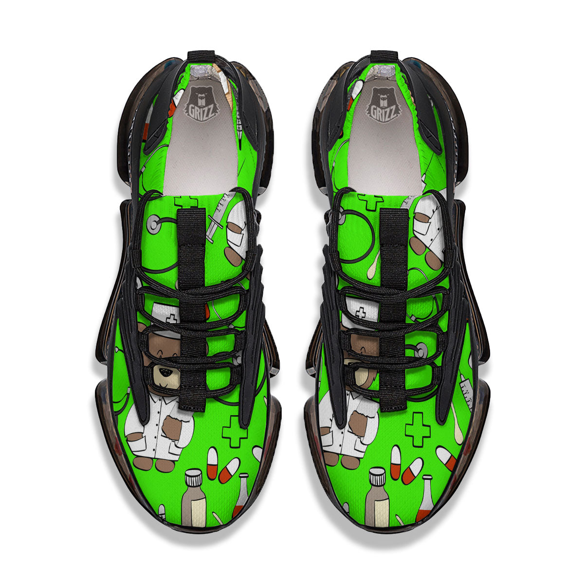 Green Neon Teddy Bear Nurse Black Gym Shoes-grizzshop