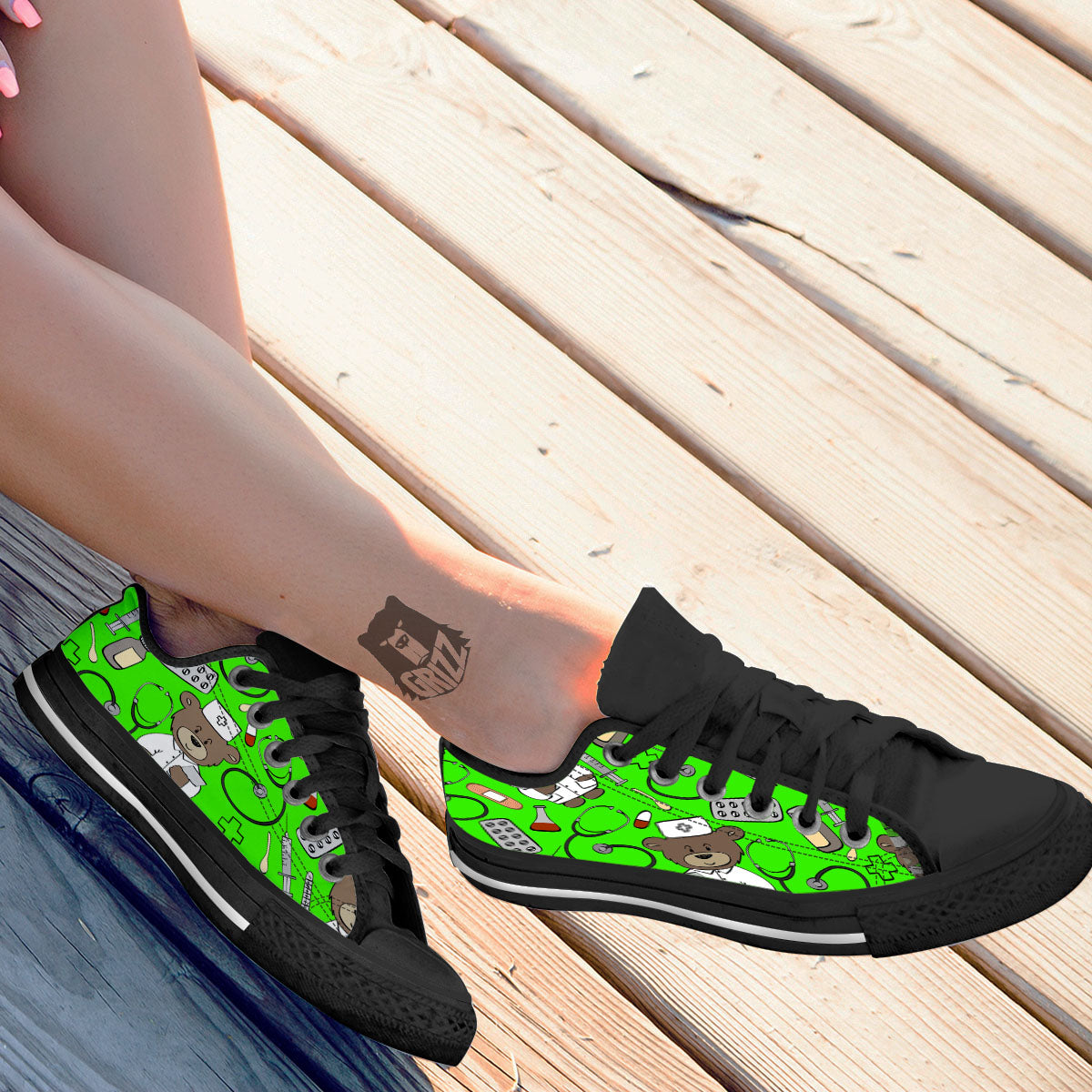 Green Neon Teddy Bear Nurse Black Low Top Shoes-grizzshop