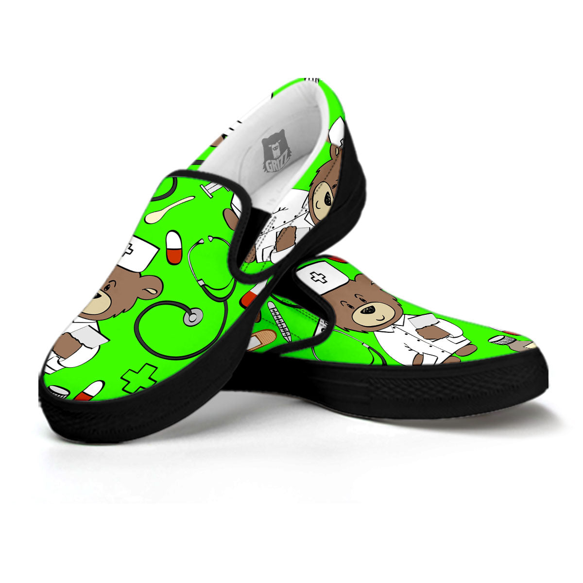Green Neon Teddy Bear Nurse Black Slip On Shoes-grizzshop