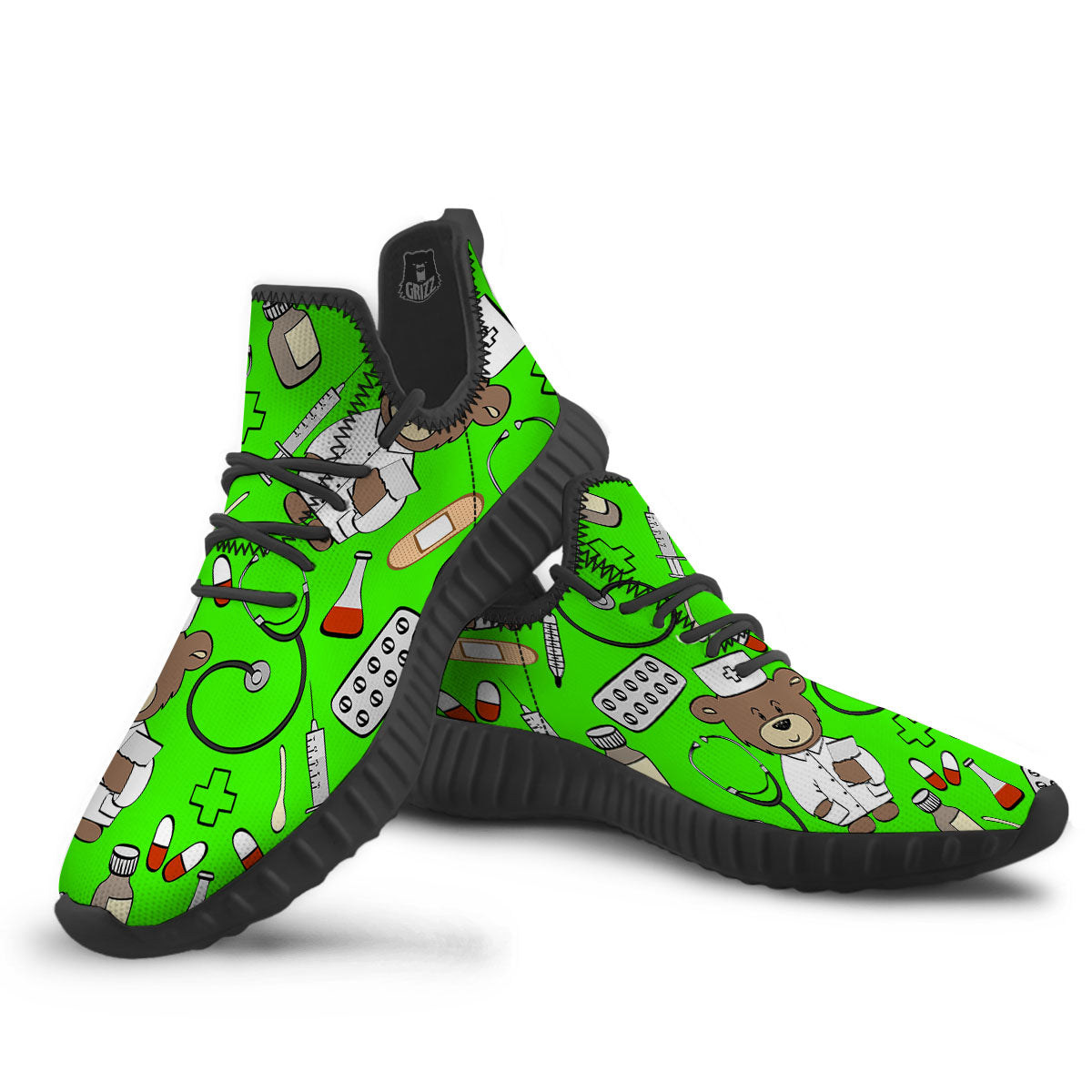 Green Neon Teddy Bear Nurse Black Walking Shoes-grizzshop