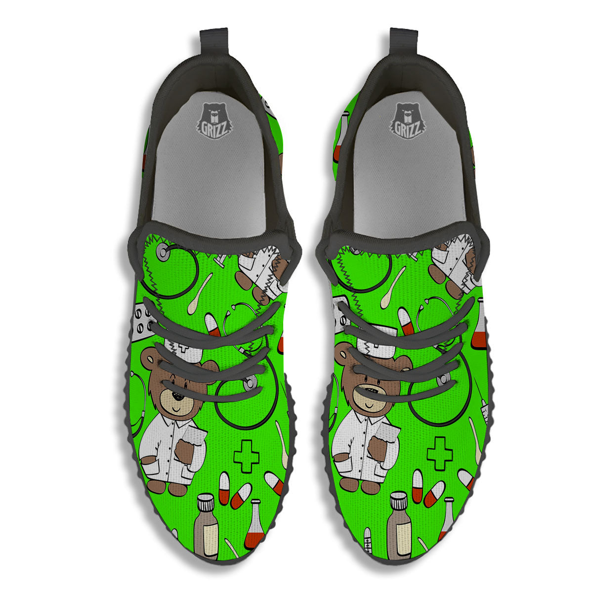 Green Neon Teddy Bear Nurse Black Walking Shoes-grizzshop