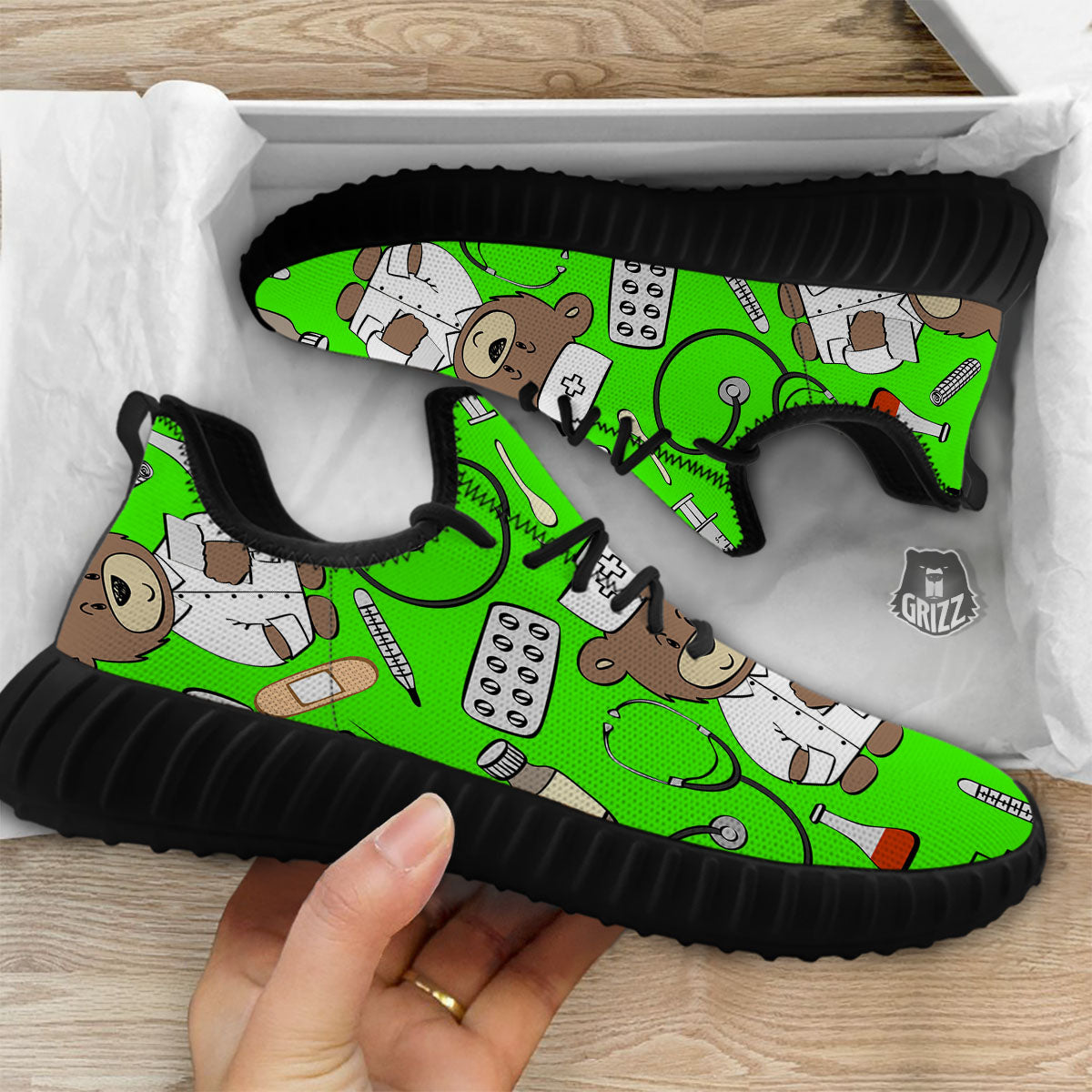 Green Neon Teddy Bear Nurse Black Walking Shoes-grizzshop