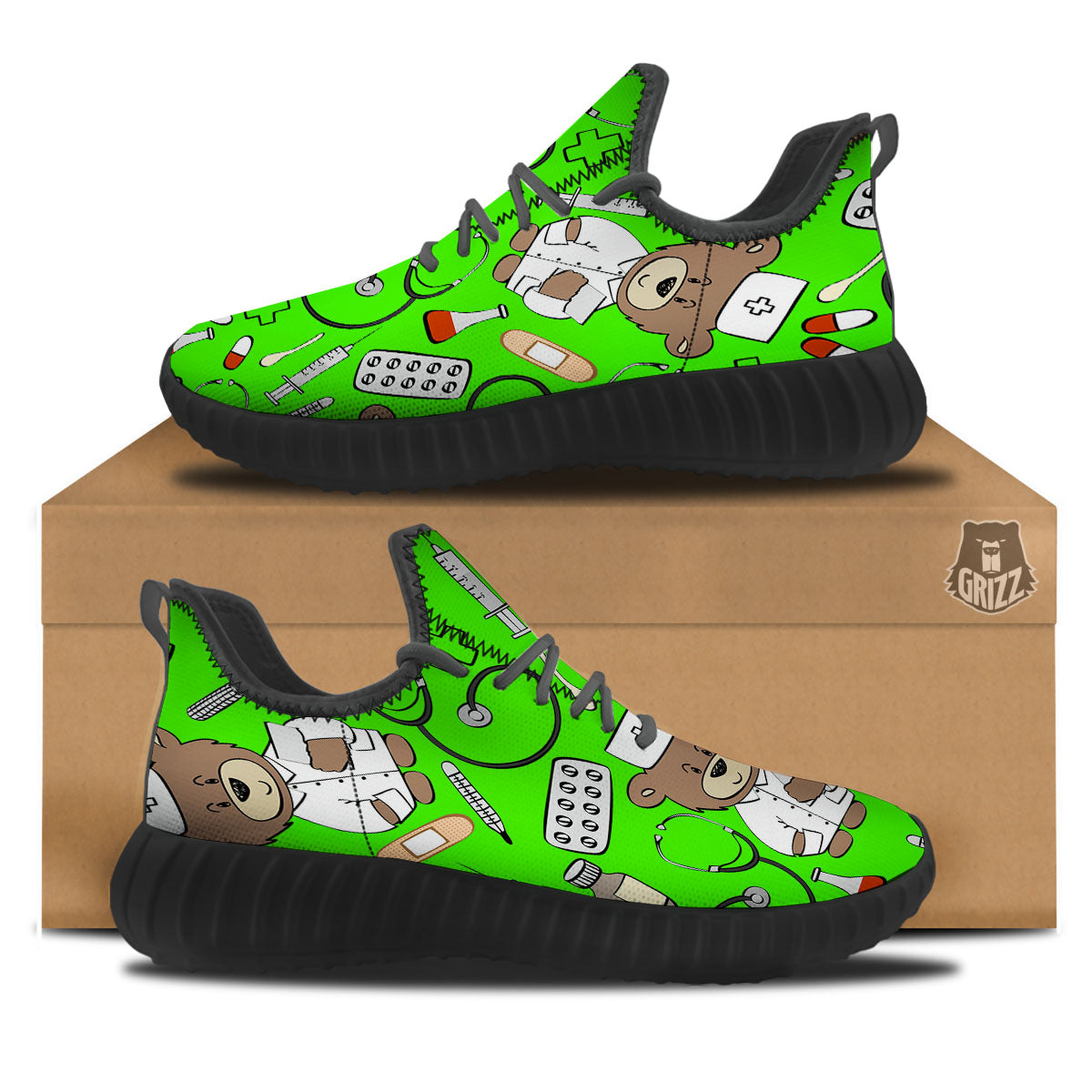 Green Neon Teddy Bear Nurse Black Walking Shoes-grizzshop