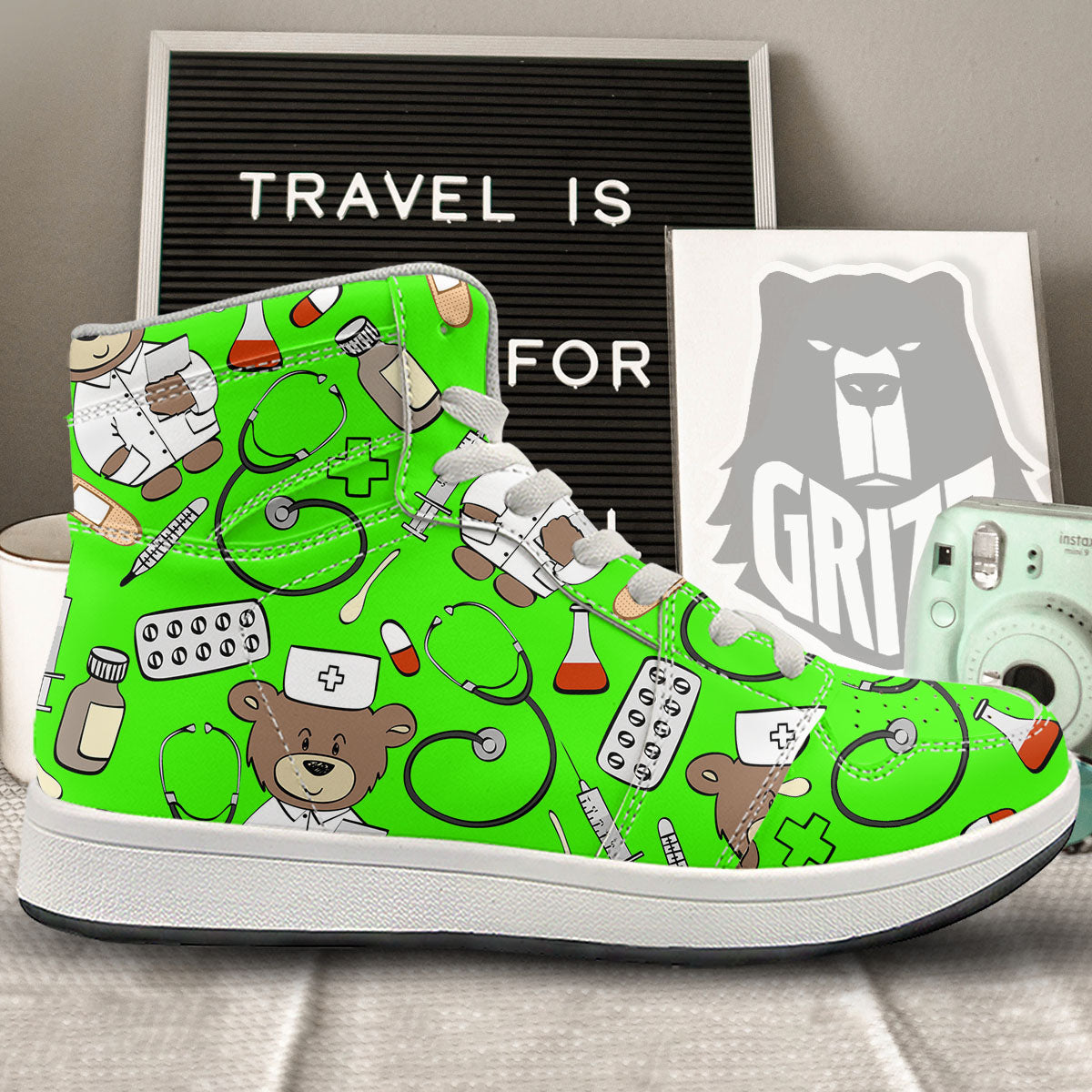 Green Neon Teddy Bear Nurse High Top Sneakers-grizzshop