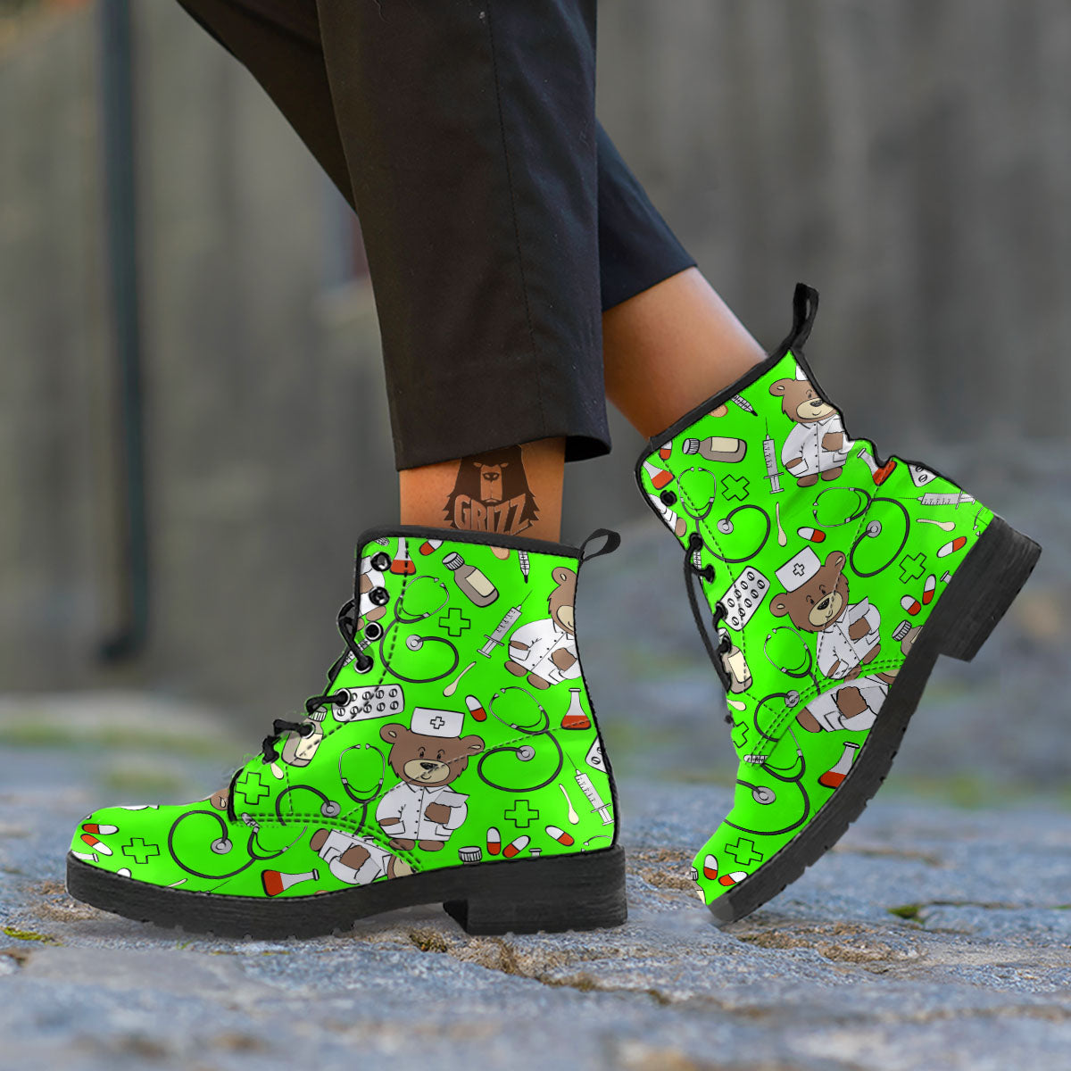 Green Neon Teddy Bear Nurse Leather Boots-grizzshop
