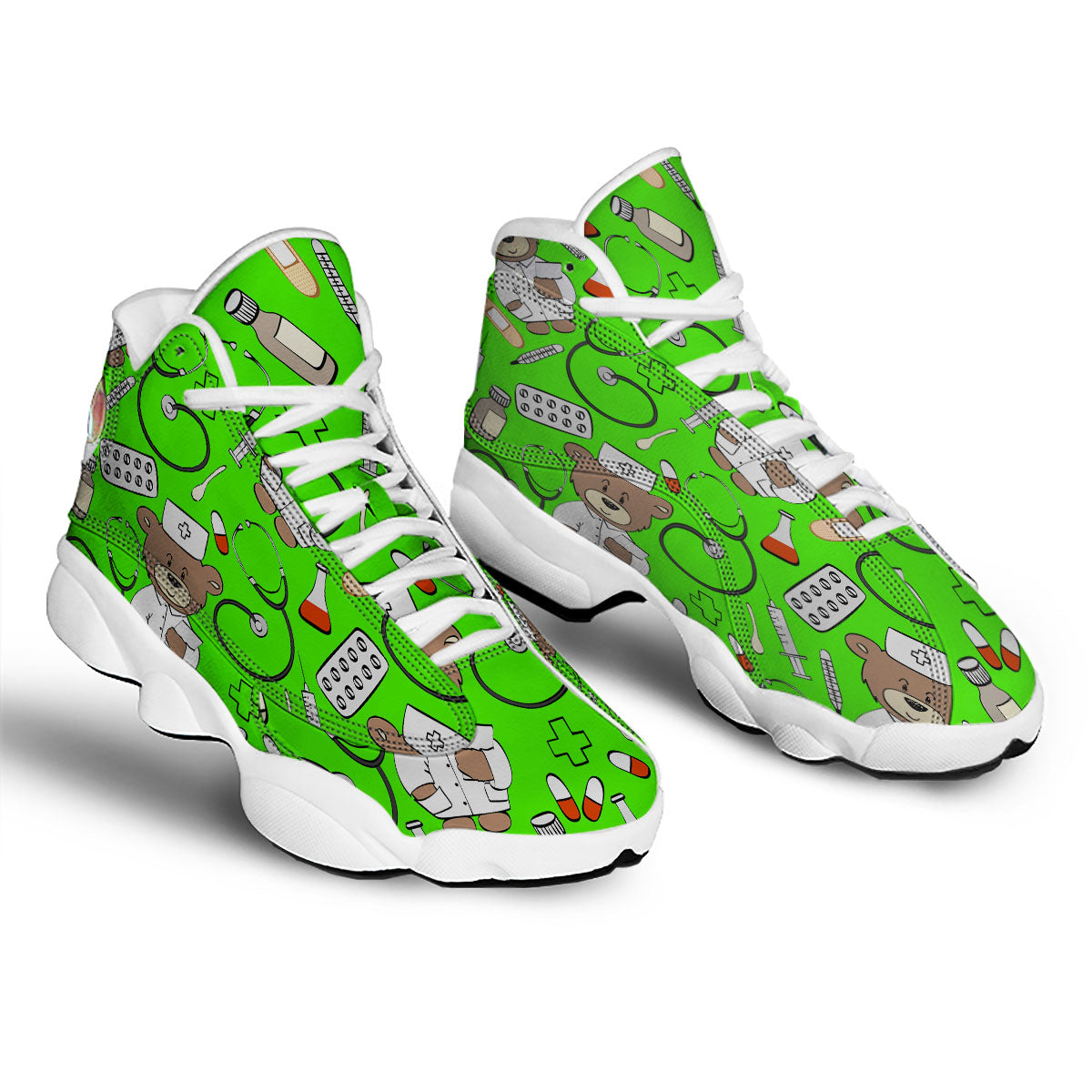 Green Neon Teddy Bear Nurse White Basketball Shoes-grizzshop