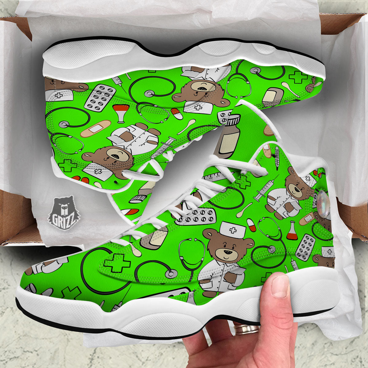 Green Neon Teddy Bear Nurse White Basketball Shoes-grizzshop