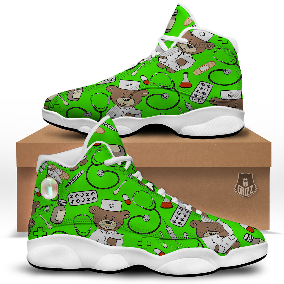 Green Neon Teddy Bear Nurse White Basketball Shoes-grizzshop