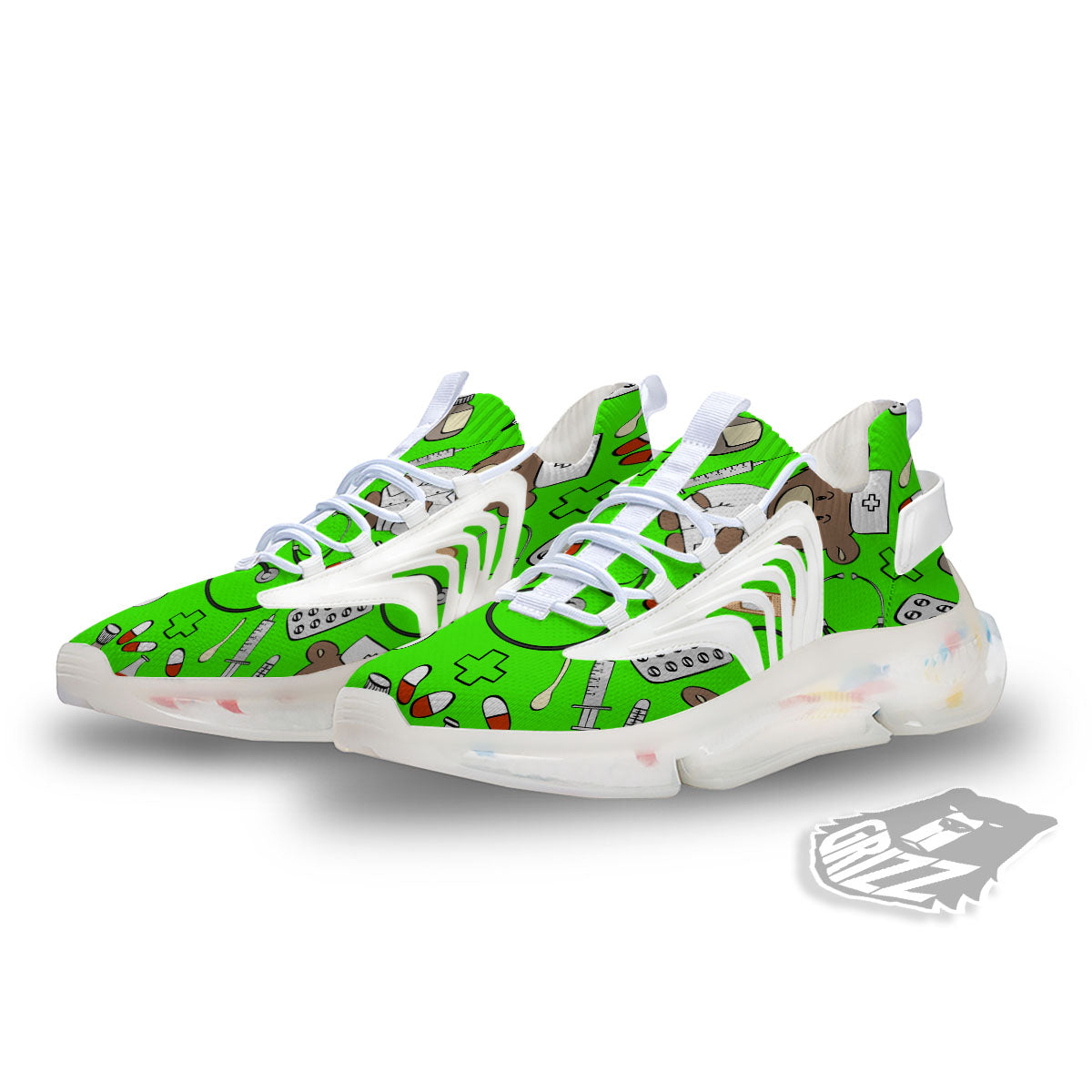Green Neon Teddy Bear Nurse White Gym Shoes-grizzshop