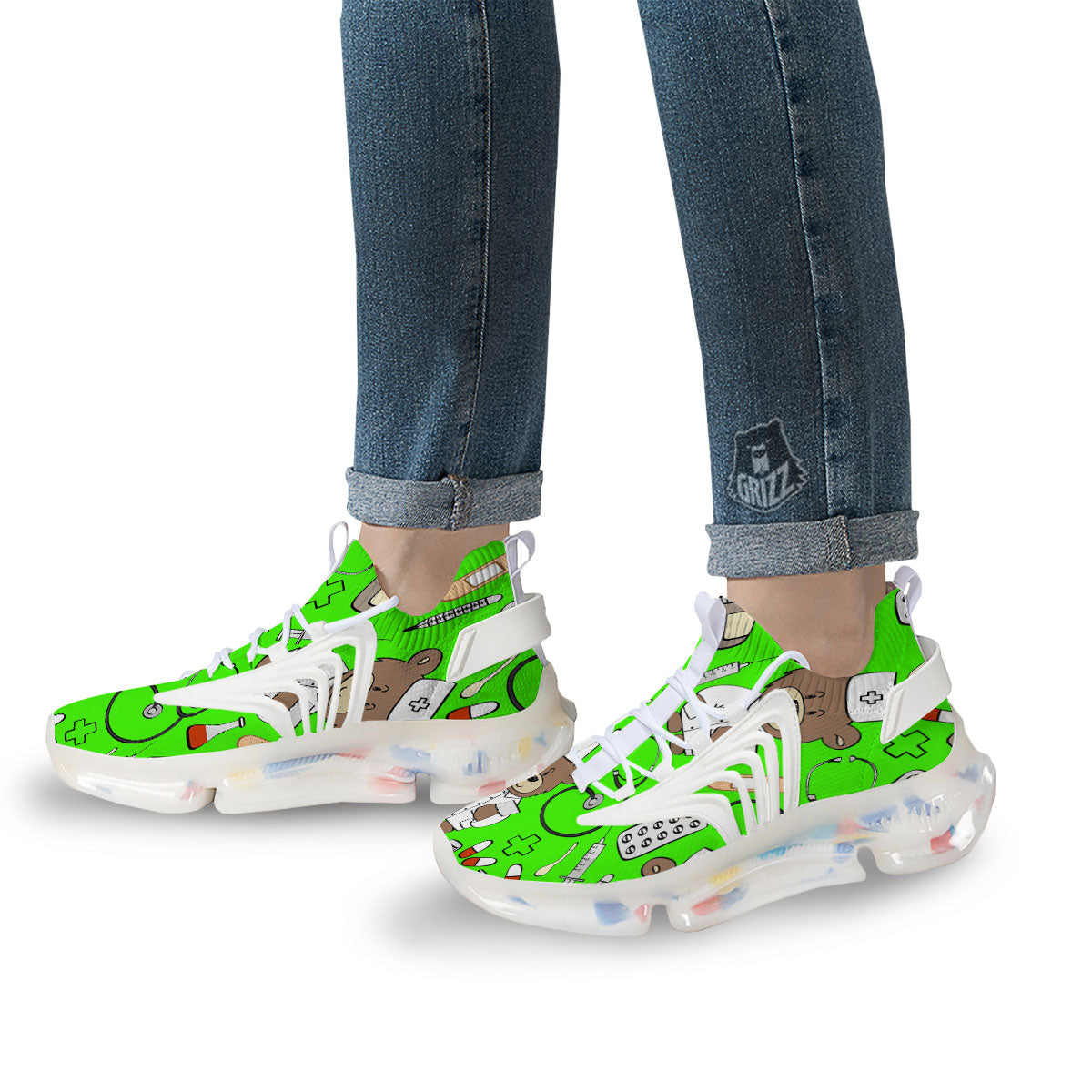 Green Neon Teddy Bear Nurse White Gym Shoes-grizzshop