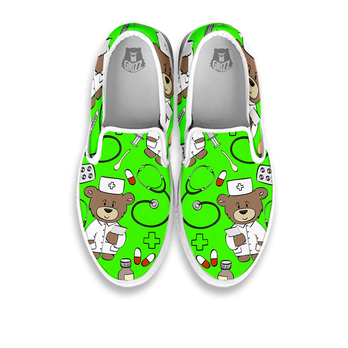 Green Neon Teddy Bear Nurse White Slip On Shoes-grizzshop