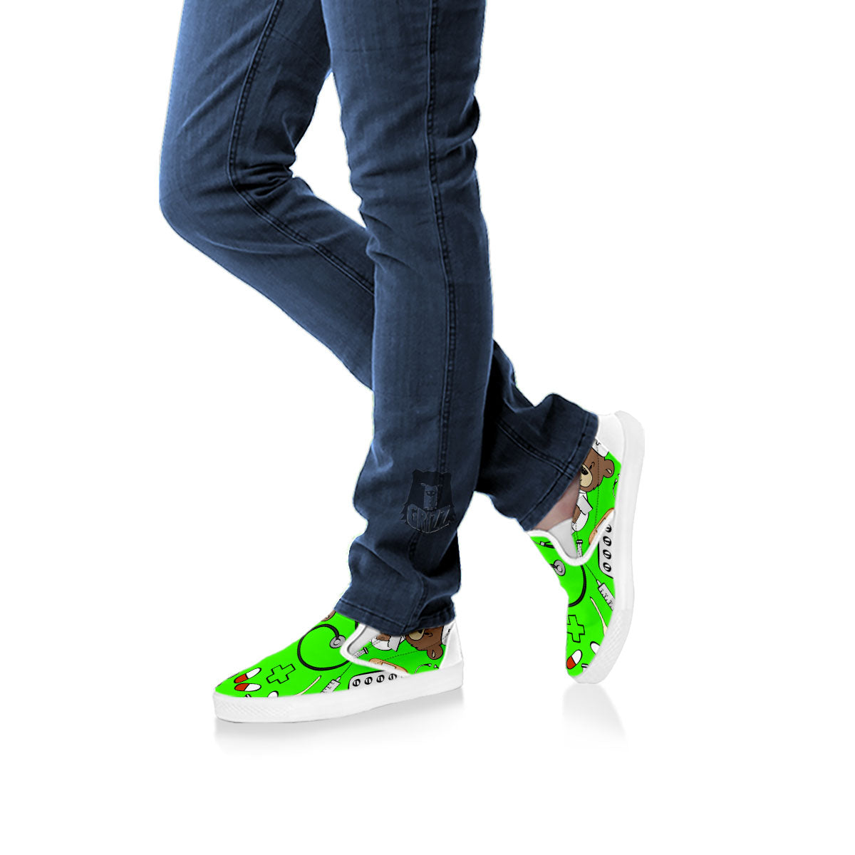 Green Neon Teddy Bear Nurse White Slip On Shoes-grizzshop