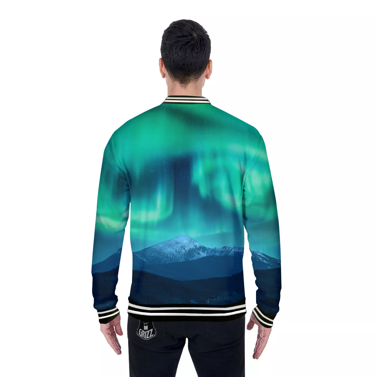 Green Northern Lights And Snowy Mountains Print Baseball Jacket-grizzshop
