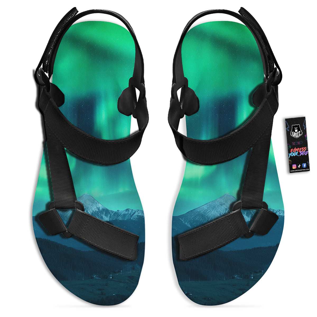 Green Northern Lights And Snowy Mountains Print Black Open Toe Sandals-grizzshop