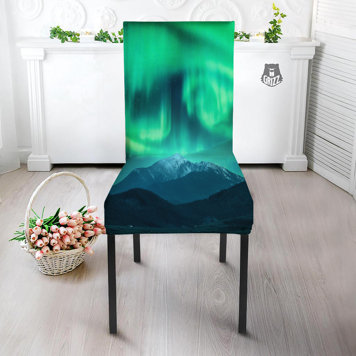 Green Northern Lights And Snowy Mountains Print Dining Chair Slipcover-grizzshop
