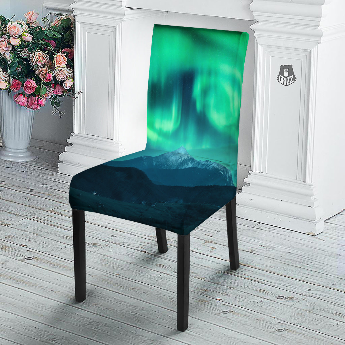 Green Northern Lights And Snowy Mountains Print Dining Chair Slipcover-grizzshop