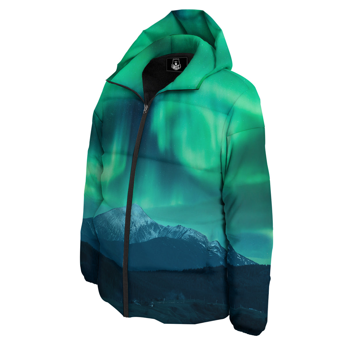 Green Northern Lights And Snowy Mountains Print Down Jacket-grizzshop