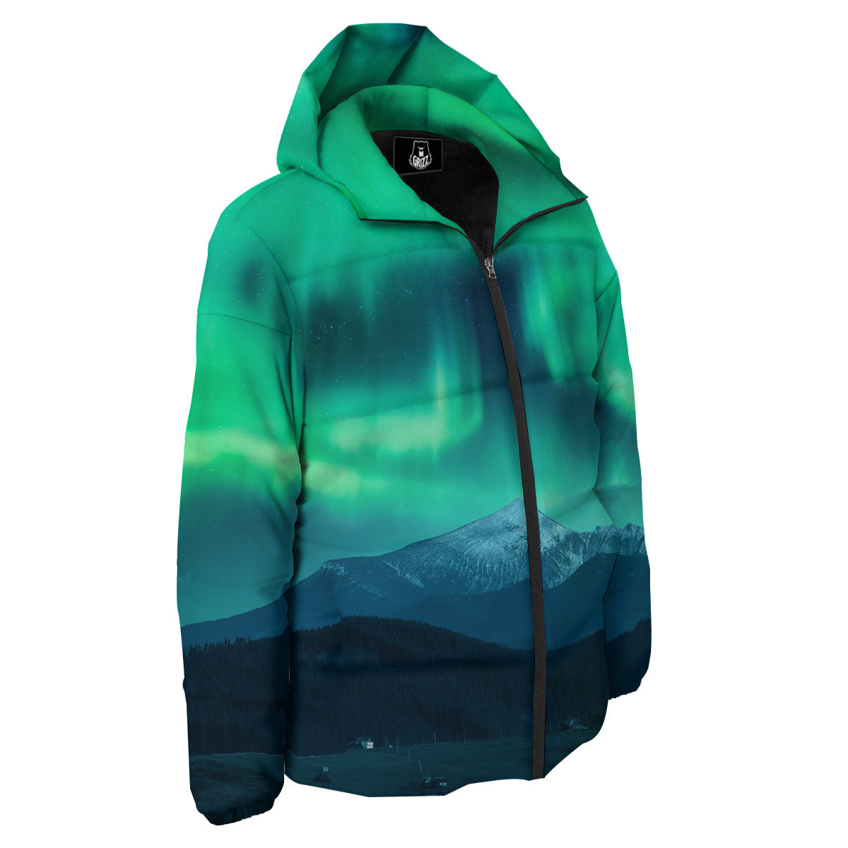 Green Northern Lights And Snowy Mountains Print Down Jacket-grizzshop