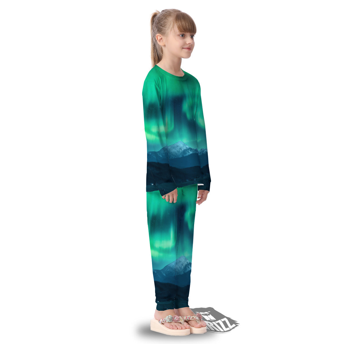 Green Northern Lights And Snowy Mountains Print Kid's Pajamas-grizzshop