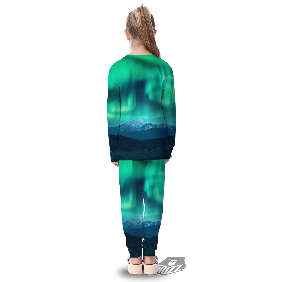 Green Northern Lights And Snowy Mountains Print Kid's Pajamas-grizzshop