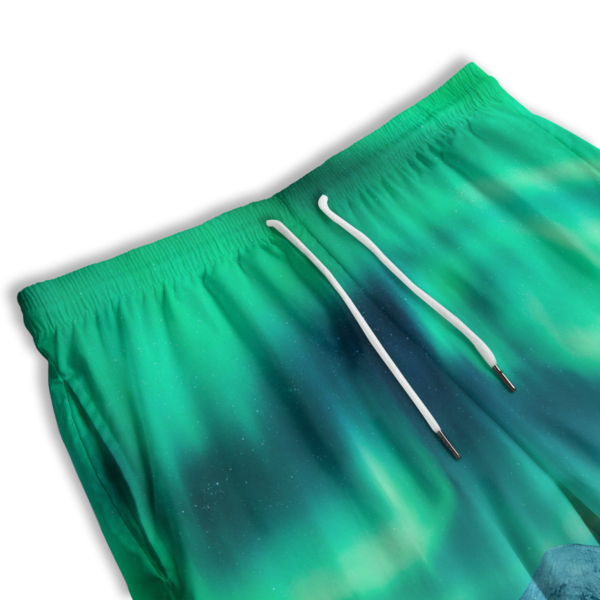 Green Northern Lights And Snowy Mountains Print Men's Athletic Shorts
