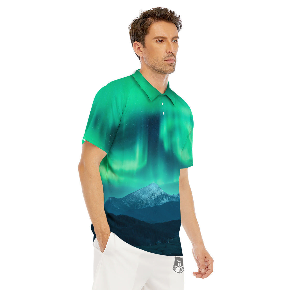 Green Northern Lights And Snowy Mountains Print Men's Golf Shirts-grizzshop