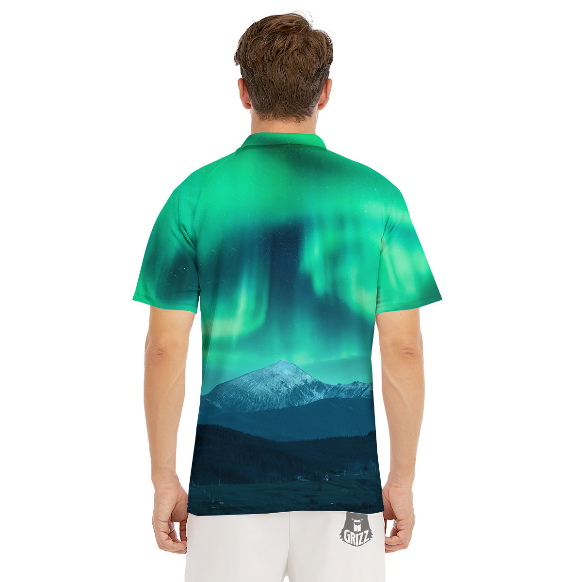 Green Northern Lights And Snowy Mountains Print Men's Golf Shirts-grizzshop
