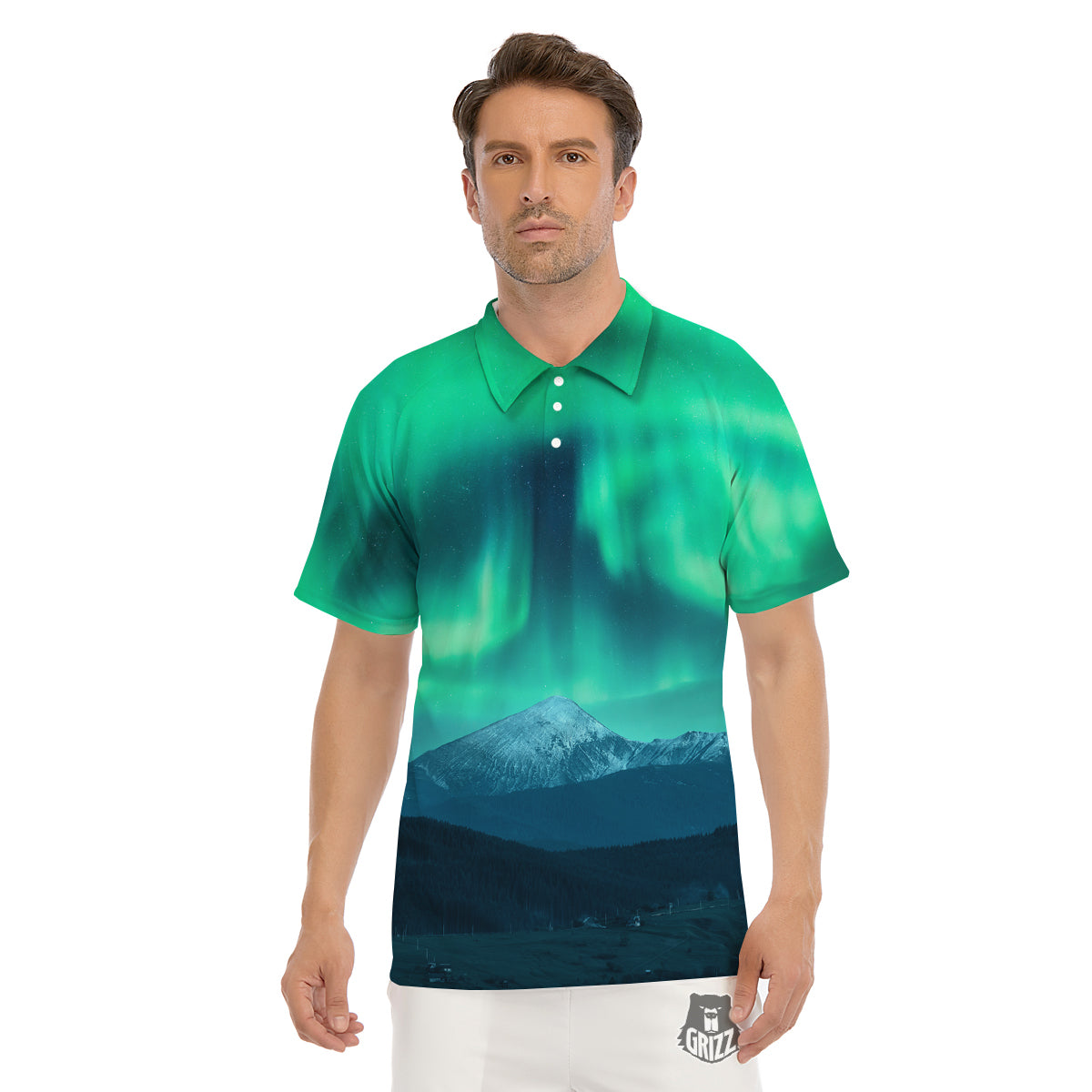 Green Northern Lights And Snowy Mountains Print Men's Golf Shirts-grizzshop