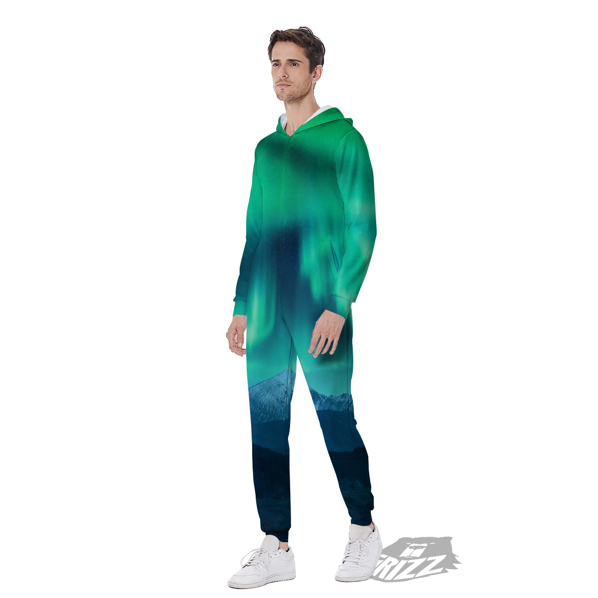 Green Northern Lights And Snowy Mountains Print Men's Jumpsuit-grizzshop