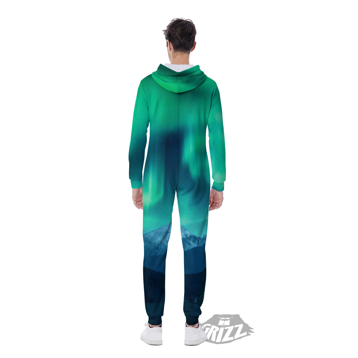Green Northern Lights And Snowy Mountains Print Men's Jumpsuit-grizzshop