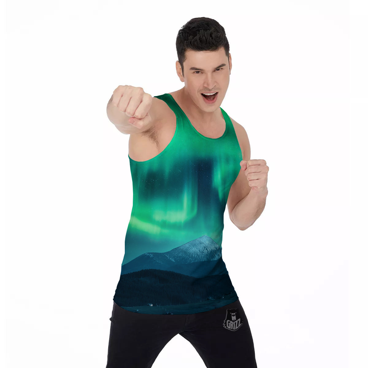 Green Northern Lights And Snowy Mountains Print Men's Tank Top-grizzshop