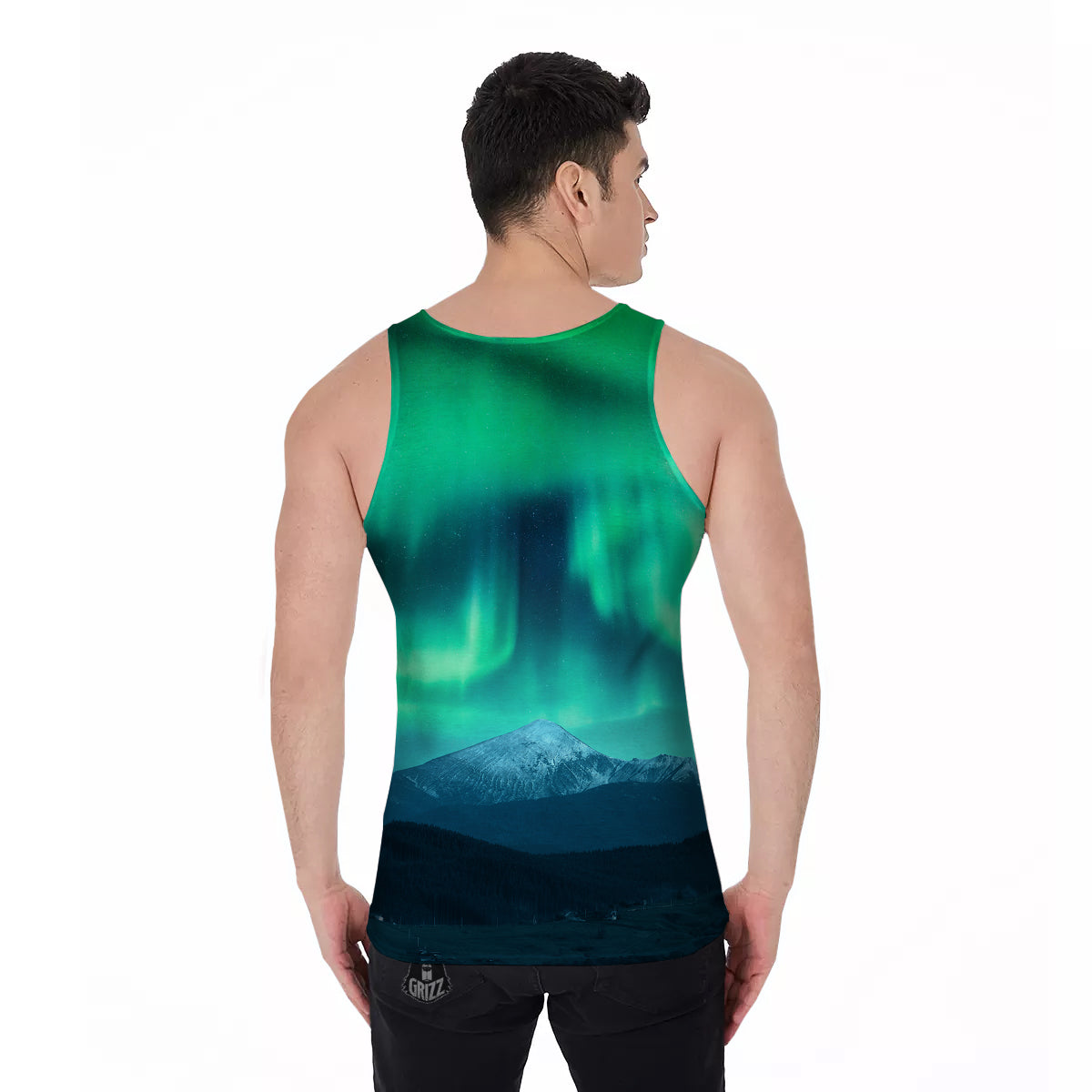 Green Northern Lights And Snowy Mountains Print Men's Tank Top-grizzshop