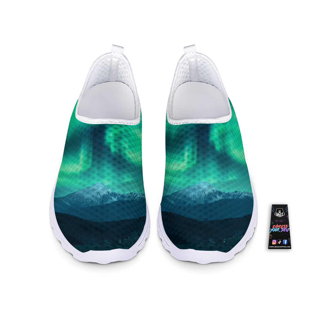 Green Northern Lights And Snowy Mountains Print Nurse Shoes-grizzshop